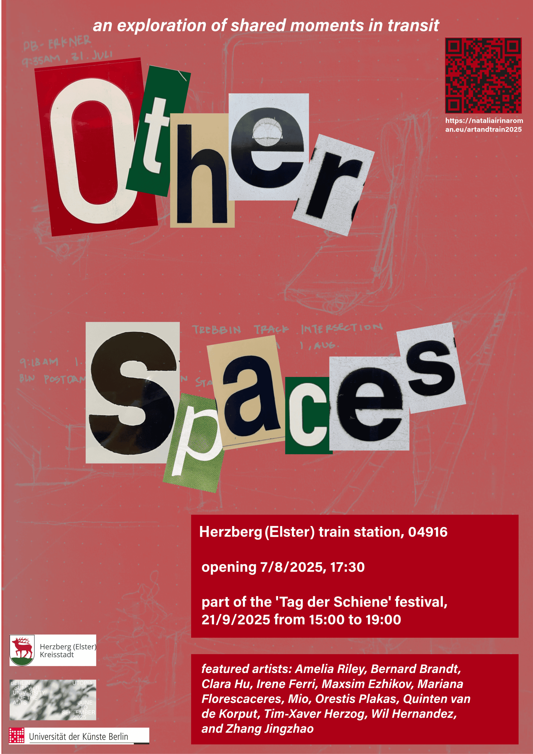 "Other Spaces" als ausgeschnittene Zeitungsbuchstaben vor hellrotem Hintergrund